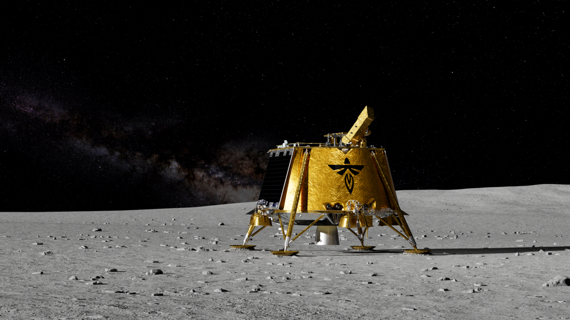 a gold-foiled fixed-leg lander probe stands on a grey semi rocky surface beneath a black sky.